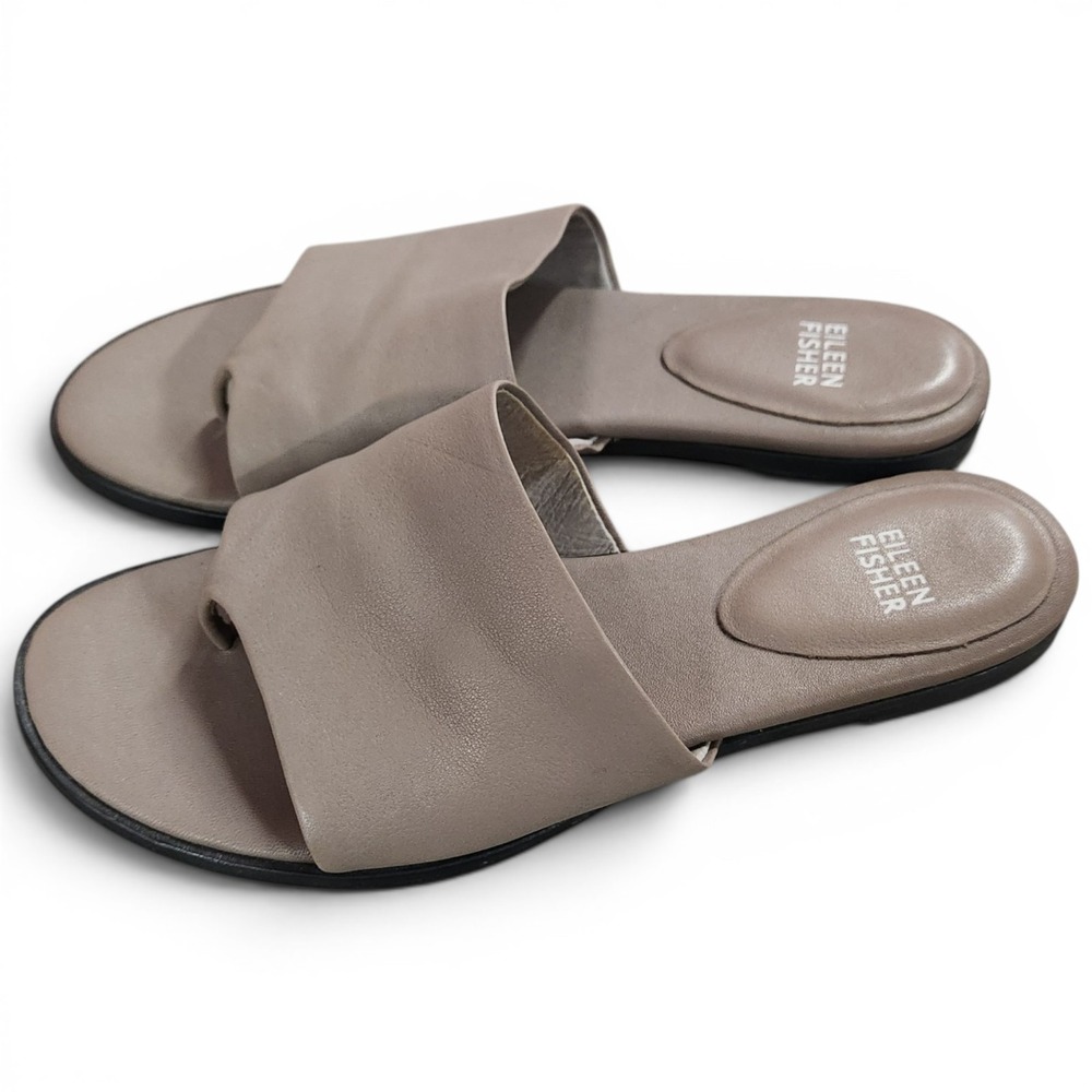 Eileen Fisher Edge Nappa Leather Slide Sandals Women's 8 Minimalist Taupe - Picture 4 of 8